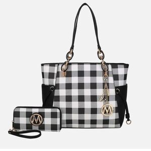 MFK Collection‎ by Mia K  Blue  and White Checkered Tote Bag with Wallet